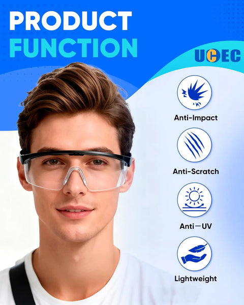 Heavy Duty Clear Safety Glasses With Built Different Eye Protection And Razor Sharp Lenses For Construction Sites Dirt Roads And Garage Grind To Keep Your Vision Crisp worn by a young man with anti-impact features.
