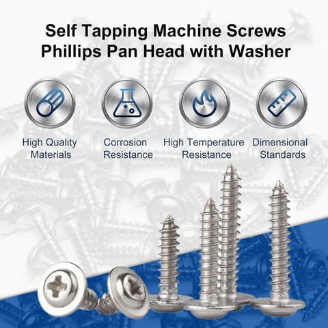 Self Tapping Machine Screws Phillips Pan Head with Washer, 50 Pack of M2 x 8mm Phillips Pan Head Self Tapping Screws With Integrated Washer Heavy Duty Kit.