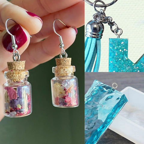 Close-up of handmade earrings with glass vials, corks, and dried flowers, next to keychains with turquoise resin charms.