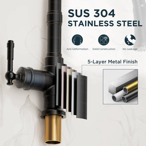 Premium Vintage Kitchen Faucet Featuring A Smooth Pull Down Sprayer And Heavy Duty Oil Rubbed Bronze Finish For A Dope Sink Swap showcasing SUS 304 stainless steel construction and 5-layer metal finish.
