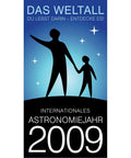 Silhouette of adult and child under stars, "Internationale Astronomiejahr 2009" text, related to Galileoscope Kit For Beginner Stargazers.