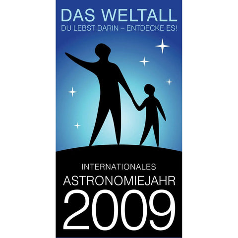 Silhouette of adult and child under stars, "Internationale Astronomiejahr 2009" text, related to Galileoscope Kit For Beginner Stargazers.
