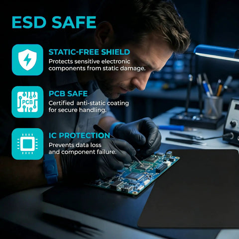 Technician using the ESD Safe All In One 10 Piece Pro Grade Precision Tweezers Set With Pry Tool for electronics repair.