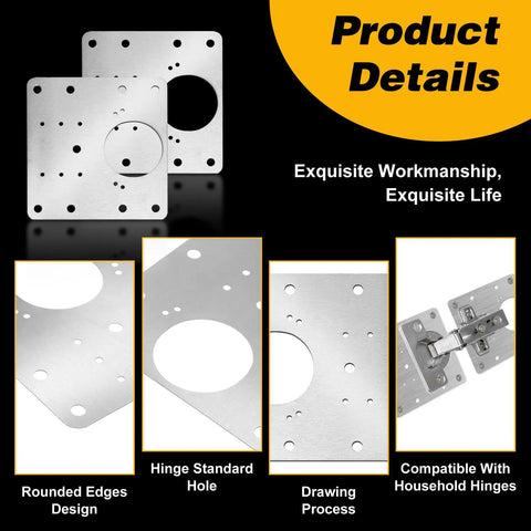 Complete 36 Piece Cabinet Hinge Repair Kit With Stainless Steel Plates shown with detailed product features