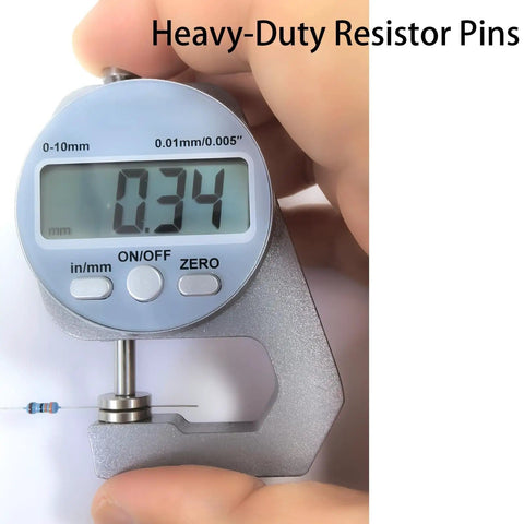 Digital caliper measuring a resistor from 0.25W Metal Film Resistor Kit With 14 Values And 280 Pieces from 1K to 100K Ohms