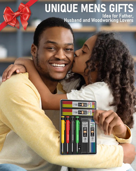 Happy father and child with Four Pack Carpenter Pencils With Sharpener And 52 Refills, ideal woodworking gift idea.