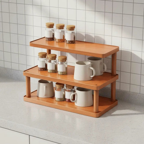 Clean 3 Tier Bamboo Cup Organizer Rack And Sharp Countertop Mug Stand For Coffee Bar Kitchen Office Storage Shelf With 6 Grid Wood Holder Setup Vibe with mugs and jars.