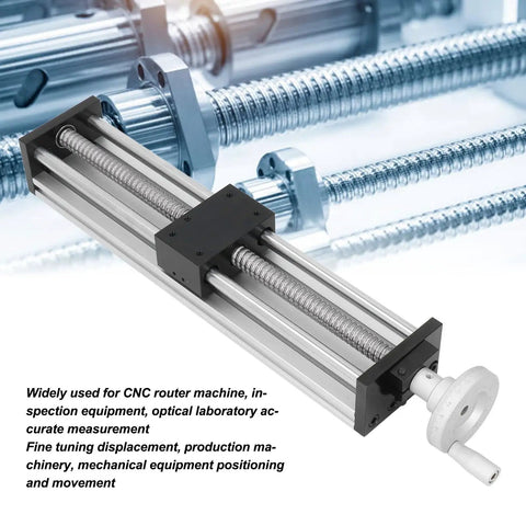 Heavy Duty Aluminum Alloy Linear Rail Slide With Crank Handle And 300 Mm Throw For CNC Routers, showing precise X-axis movement and design.