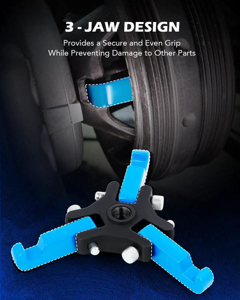Harmonic Balancer Puller Kit With Adjustable 3 Jaw Puller Set showing grip on engine part, universal fit for multiple brands.