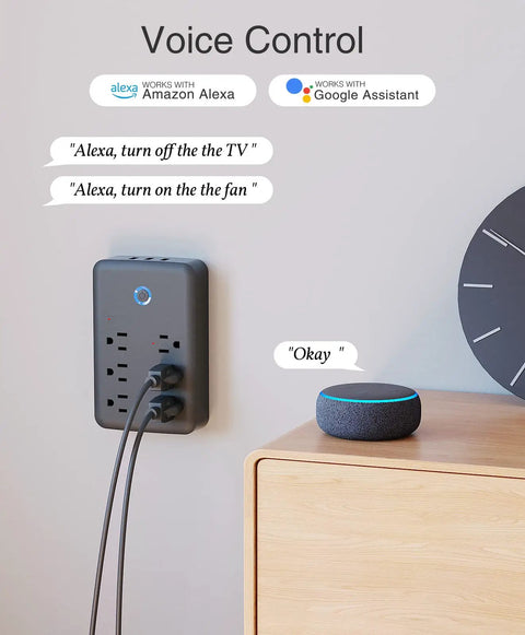 No Fuss Smart Power Strip With USB Surge Protection And Wall Adapter shown with voice control via Alexa and Google Home