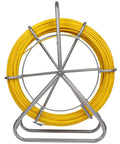 Fiberglass Fish Tape 6Mm 425ft Duct Rodder Cable Puller with Steel Wheel Stand for Easy Wall and Conduit Runs, shown on reel.