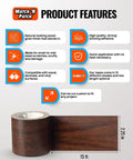 Wood Grain Repair Tape Dark Walnut 2.25 In X 15 Ft 1 Pack Easy Peel And Apply, showing roll and product features chart.