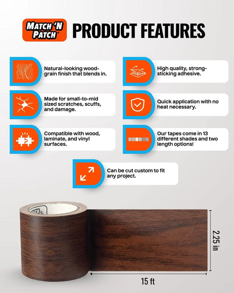 Wood Grain Repair Tape Dark Walnut 2.25 In X 15 Ft 1 Pack Easy Peel And Apply, showing roll and product features chart.