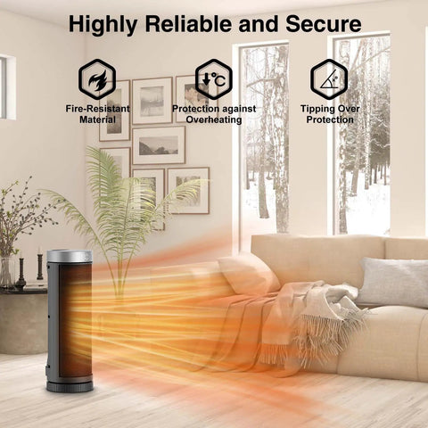 Portable Ceramic Space Heater With Remote Control, 3 Heat Settings, glowing heating effect, living room setup