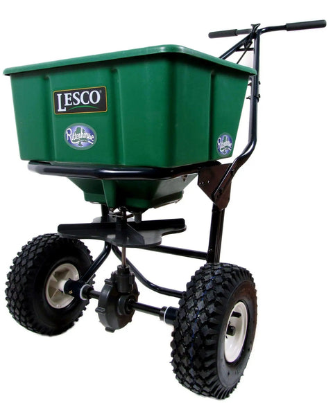 50Lb Push Spreader With Enclosed Gearbox And Powder Coated Steel Frame, Walk Behind, green hopper, durable tires