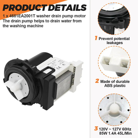 2026 Upgraded Washer Drain Pump Motor Replacement 4681EA2001T 4681EA1007G AP5328388: ABS plastic, 120V washer drain pump