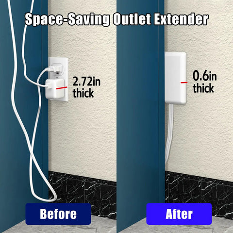 Side-by-side comparison of Ultra Slim Flat Plug Extension Cord Power Strip 3 Feet 3 Outlet White, showing thickness reduction from 2.72in to 0.6in.