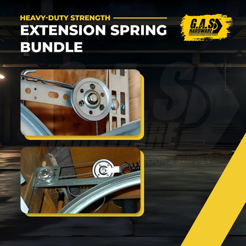 Close-up of pulley system in Beefy 130 Lb Yellow Double Looped Garage Door Extension Spring Bundle for 7 Ft Doors