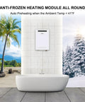 No Sweat Propane Tankless Water Heater For Outdoor Camping And Tailgating delivering instant hot flow above a modern bathtub.