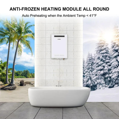 No Sweat Propane Tankless Water Heater For Outdoor Camping And Tailgating delivering instant hot flow above a modern bathtub.