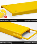 Front view of yellow 92-inch forklift extension pair for 4-inch forks; alloy steel, curved front ends, powder coated