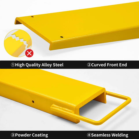 Front view of yellow 92-inch forklift extension pair for 4-inch forks; alloy steel, curved front ends, powder coated