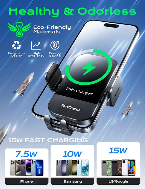 Fast Slick Wireless Car Charger With Auto Clamp And 15W Max Fast Charging Car Mount For iPhone 17 16 15 14 13 12 Pro Max 11 XR XS And Samsung Galaxy S25 Ultra S24 S23 Qi Enabled Safe Heat Protection Black showing a phone charging at 75%.