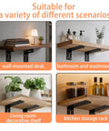 Beefy Heavy Duty L Shaped Shelf Brackets Set Of 6 In Black Alloy showcasing use for desks, kitchen, and bathroom organization.