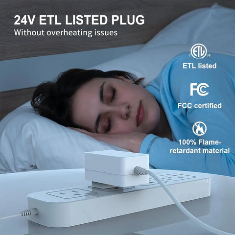 Woman sleeping peacefully next to a 24V ETL listed power plug with no overheating, ETL and FCC certified, flame retardant material.