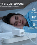 24V ETL plug with woman sleeping nearby, showing safety and flame-retardant features for Brighten Your Kitchen With Dimmable Under Cabinet Lighting Kit, 6 Pack 12 Inch Linkable LED Light Bars, Daylight White 4500K, 1360 Lumens, 20W, DC24V, ETL Plug, Perfect for Counters, Shelves, and Closets.