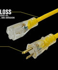 Heavy Duty Outdoor Extension Cord With Lighted End, 14 Gauge SJTW Jacket, 25 Foot, Three Prong Plug, shown close-up.