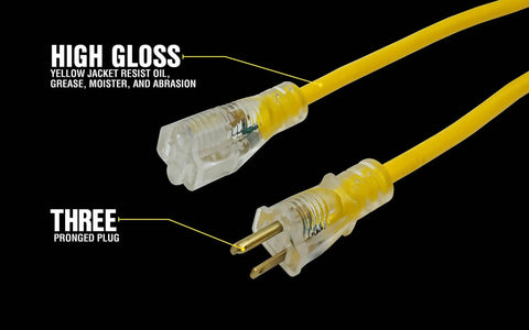 Heavy Duty Outdoor Extension Cord With Lighted End, 14 Gauge SJTW Jacket, 25 Foot, Three Prong Plug, shown close-up.