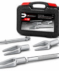 Five Piece Front End Fork Set For Auto Repair With Pickle Forks For Tie Rods Ball Joints And Pitman Arms Easy Separation Includes Pitman Arm Fork One Eighth Ball Joint Fork Fifteen Sixteenths Tie Rod Fork Eleven Sixteenths Dual Handle, five-piece steel fork set in case