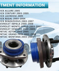 Swap Ready Front Wheel Hub Bearing Assembly 513203 Fits Buick Allure Century Lacrosse Regal Rendezvous Impala Monte Carlo Venture Pontiac Aztek Grand Prix Montana Without ABS displayed with fitment information.