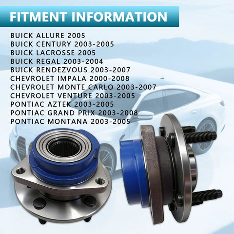 Swap Ready Front Wheel Hub Bearing Assembly 513203 Fits Buick Allure Century Lacrosse Regal Rendezvous Impala Monte Carlo Venture Pontiac Aztek Grand Prix Montana Without ABS displayed with fitment information.