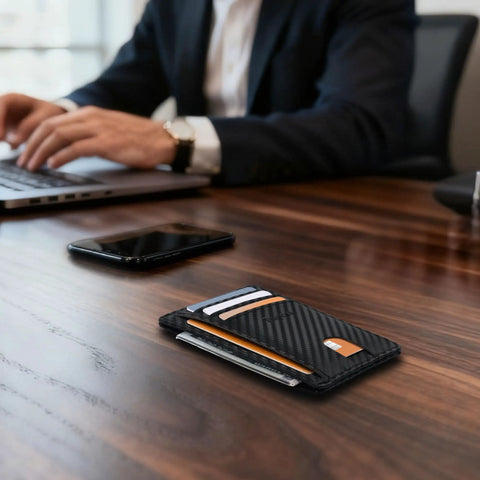 Ultra Slim Front Pocket Wallet For Men, RFID Blocking Credit Card Holder in carbon fiber design on office desk