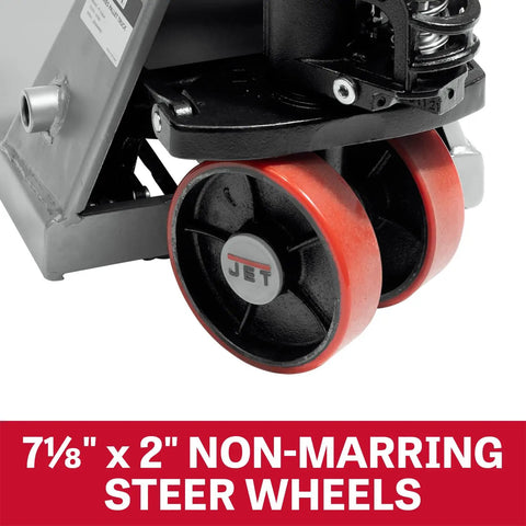 Rugged Manual Pallet Jack 27 By 42 Inches 5500 Lb Capacity Low Profile Frame With Nonmarking Polyurethane Wheels Built To Handle The Daily Warehouse Grind