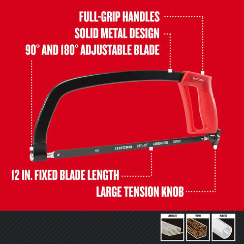 Heavy Duty 12 Inch Hacksaw With Tough As Nails Metal Frame And 225 Lb Tension, Deep 4.375 Inch Cut, Adjustable 90 And 180 Degree Blade Angles For Flush Cuts, Comfortable Tension And Grip For Fast, Precise Metal Cutting