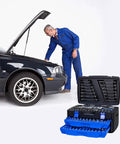 Mechanic using Durable Hand Tool Box With 266 Piece Universal Tool Set For Home And Garage next to blue car for repair