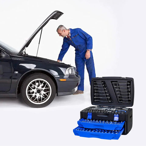 Mechanic using Durable Hand Tool Box With 266 Piece Universal Tool Set For Home And Garage next to blue car for repair