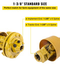 Badass Heavy Duty Series Four PTO Shaft 1-3/8 Inch Six Spline Both Ends with yellow implement and tractor connectors.