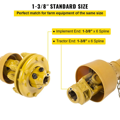 Badass Heavy Duty Series Four PTO Shaft 1-3/8 Inch Six Spline Both Ends with yellow implement and tractor connectors.