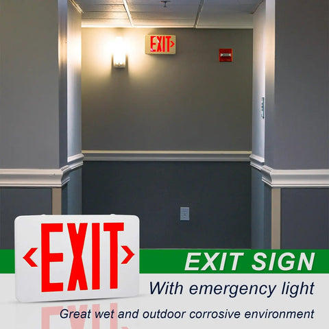Go-To Red Green LED Exit Sign Light With Battery Backup Emergency Lighting Switchable Color UL Listed mounted in hallway