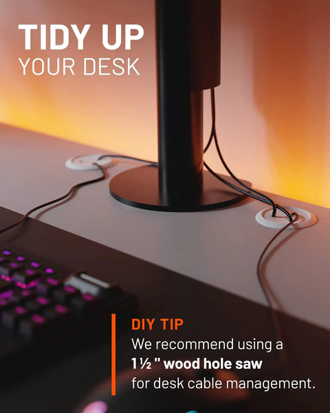 Tidy desk with 2.25-Inch Mini Cord Hiders for Wall Cable Management Conceal Up to 3 Low-Voltage Cables, black stand, overhead view