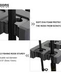 Close-up of Garage Wall Mount Fishing Rod Holder Holds Up To 10 Rods With Vertical Horizontal And Ceiling Mount Options Black WV4