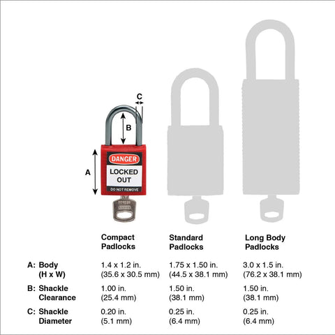 Red Compact Safety Lock Set Of 6 Keyed Different Nylon Padlocks For OSHA Compliance with size comparison chart