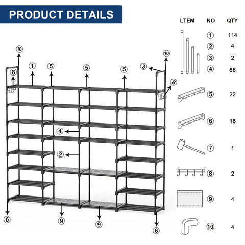 Diagram of Extra Large Eight Tier Four Row Shoe Rack Holds 72 To 76 Pairs Beefy Heavy Duty Metal Boot Storage Organizer structure.