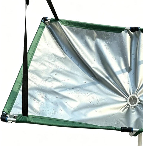 Silver tarp of Garden Rain Collector Kit For Eco Friendly Water Harvesting With Hose And Filter System Tool Free Assembly