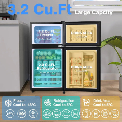 Straight Up Game Changer 3.2 Cubic Foot Mini Fridge With Separate Freezer showing adjustable shelves and drink compartments.