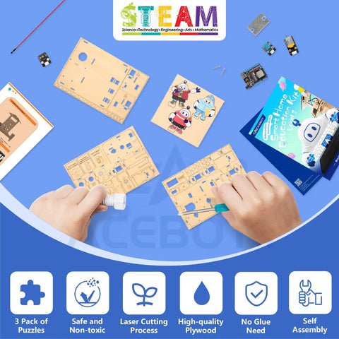 Awesome 3 In 1 Smart Home STEM Kit For Kids 8 To 12 With ESP32 Controller Wooden 3D Puzzles And DIY Building Crafts Educational Coding Toys Gift For Christmas And Birthday Boys And Girls, 3 wooden puzzle sheets